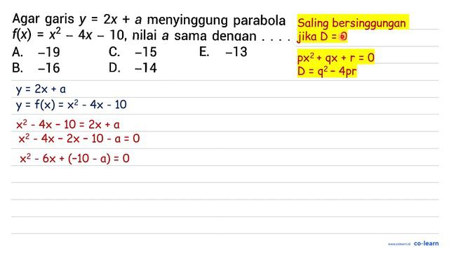 Agar garis y = 2x + a menyinggung parabola f(x) = x^2 - 4x - 10, nilai a sama denaan ... смотреть онлайн