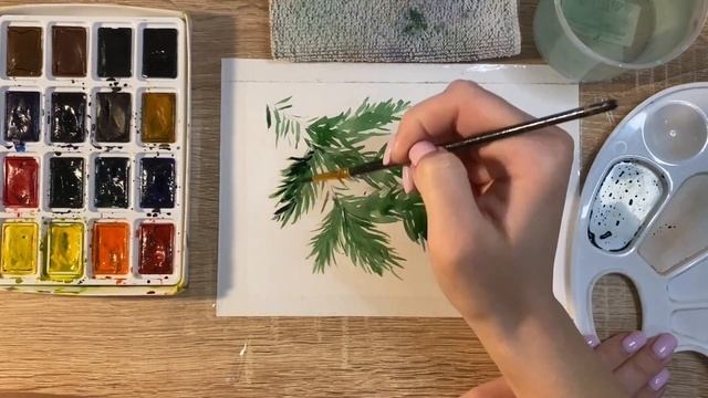Как нарисовать еловую ветку карандашом и акварелью начинающим | Рисунок для детей смотреть онлайн