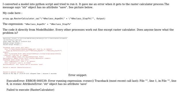GIS: ArcPy Raster Calculator error " 'str' object has no attribute 'save' " смотреть онлайн