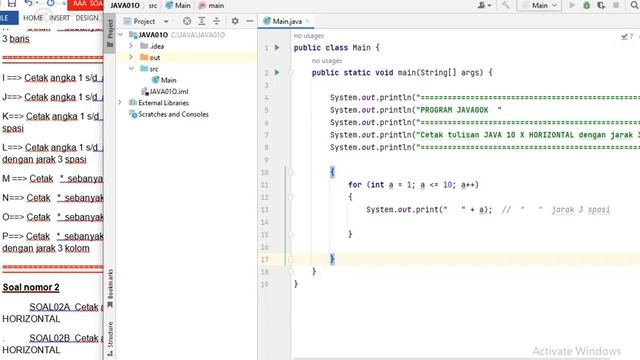 JAVA01O Cetak tulisan JAVA sebanyak 10 x HORIZONTAL dengan jarak 3 kolom смотреть онлайн