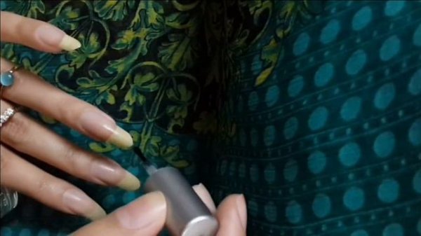 Clear nail lacquer routine on Bare Long Nails (Hand model)