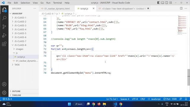 JAVASCRIPT||CLASS-8||NAVBAR MENU DYNAMIC DISPLY||FOR LOOP||BATCH 11AM||2022 смотреть онлайн