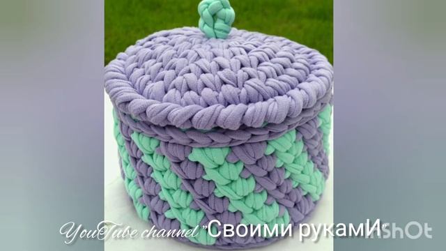 Идеи для корзин из трикотажной пряжи. Декор и узоры на корзинах. смотреть онлайн