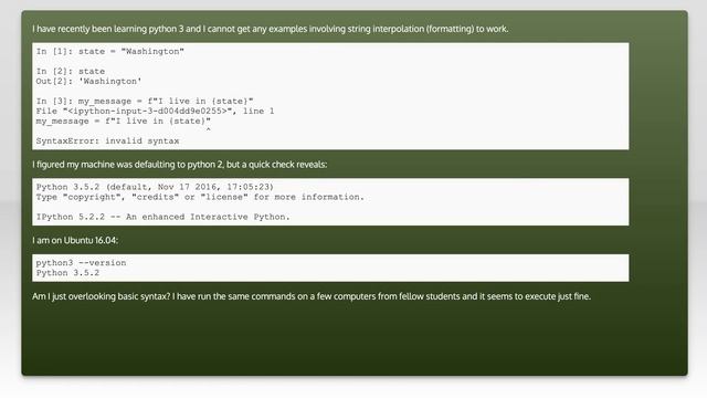 Getting an "invalid syntax" when trying to perform string interpolation смотреть онлайн