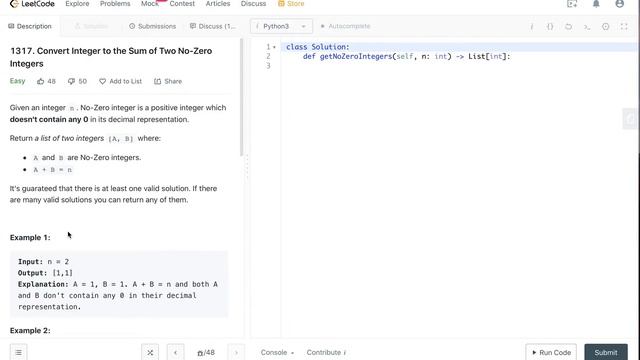 Leetcode 1317. Convert Integer to the Sum of Two No-Zero Integers Python смотреть онлайн