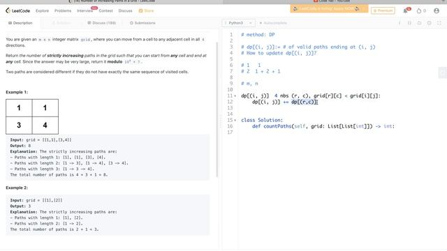 Leetcode 2328. Number of Increasing Paths in a Grid - Dynamic Programming смотреть онлайн