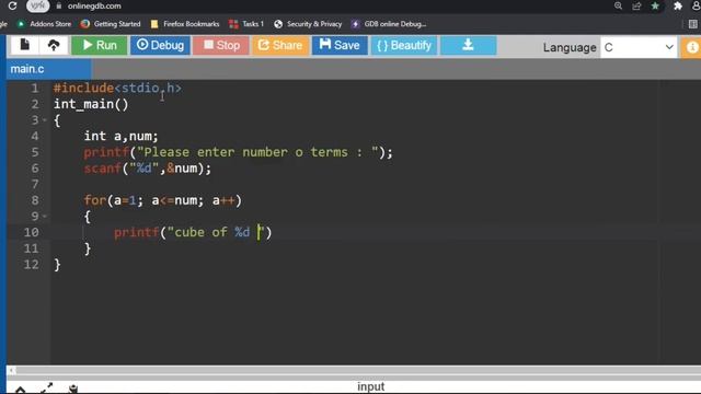 C program to display the cube of the number upto an given integer. Using For Loop. смотреть онлайн