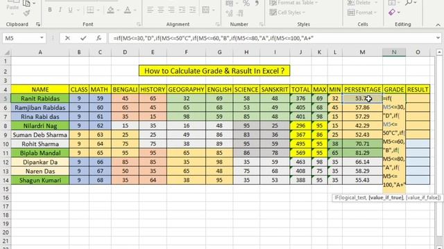 MS Excel - How to calculate Grade-A+,B,C,D and Rasult - "P" & "F" in Excel || смотреть онлайн