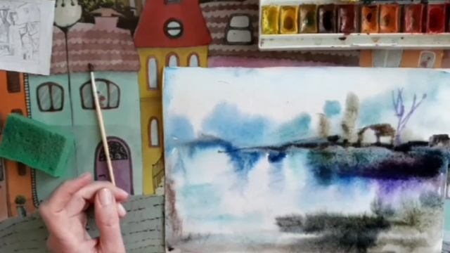 Пейзаж. Акварель. Туманное утро. Этюд смотреть онлайн