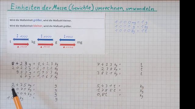 Umrechnen, umwandeln: mg - g - kg - t | Einheiten der Masse (Gewichte) | Mathematik Klasse 4 und 5 смотреть онлайн
