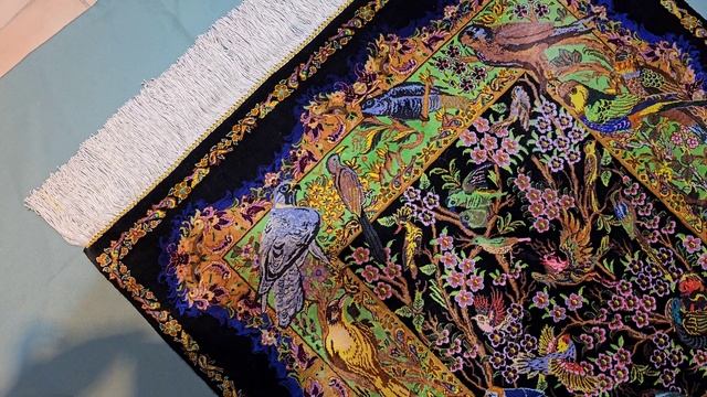 Qom Silk Handwoven Rug Bird Garden