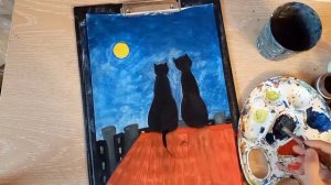 Рисуем гуашью котов на крыше просто