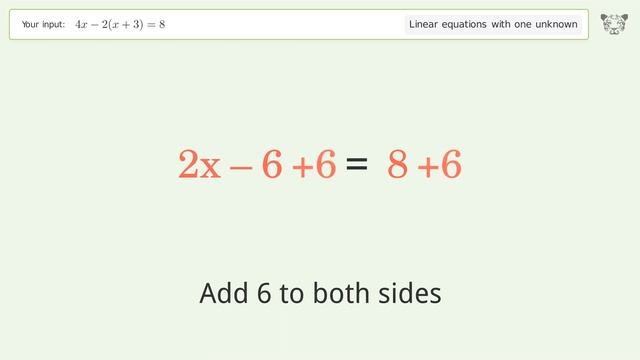 Linear equation with one unknown: Solve 4x-2(x+3)=8 step-by-step solution смотреть онлайн