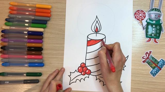 Детские новогодние рисунки. Легкие новогодние рисунки. Свеча рисунок. Как нарисовать свечу. смотреть онлайн