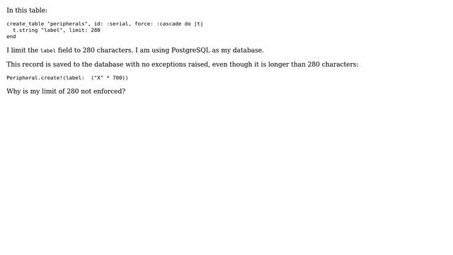 `length:` is not enforced on string column with PostgreSQL? смотреть онлайн