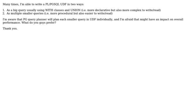 Databases: PostgreSQL 10 - single big query in UDFs or multiple smaller ones? смотреть онлайн