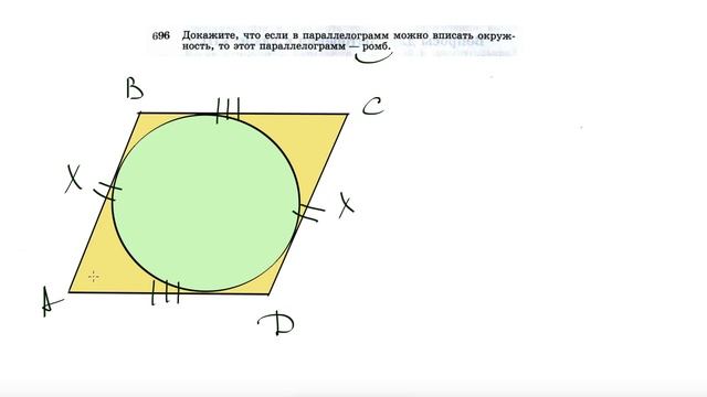 №696. Докажите, что если в параллелограмм можно вписать окружность, то этот параллелограмм — ромб. смотреть онлайн