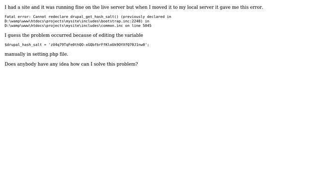Drupal: Cannot redeclare drupal_get_hash_salt() смотреть онлайн