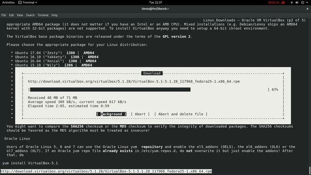 Установка VirtualBox 5.1.28 в Fedora 26 Workstation смотреть онлайн