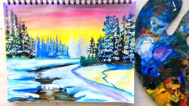 Winter Sunset landscape | Acrylic painting for beginners смотреть онлайн