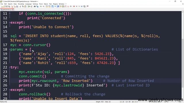 Insert Data into Table using executemany Parameterized Query Dictionary in Python (Hindi) смотреть онлайн