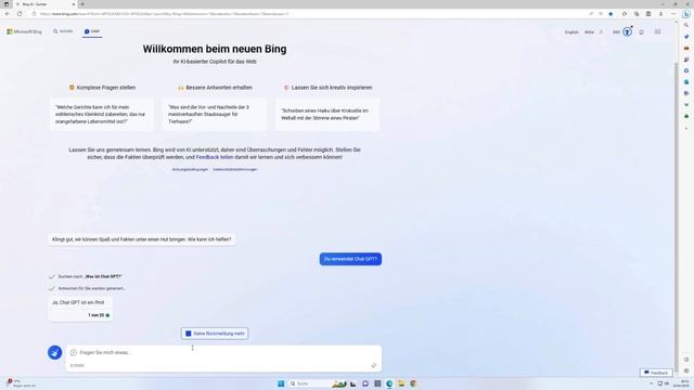 Bing Chat Bot über seinen Chat-GPT Kern ausfragen смотреть онлайн