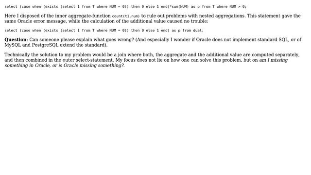 Databases: ORA-00937 when calculating a sub-value in an aggregate select statement смотреть онлайн