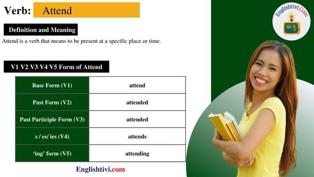 attend V1 V2 V3 V4 V5 Base Form, Past Simple, Past Participle Form of attend | Englishtivi.com смотреть онлайн