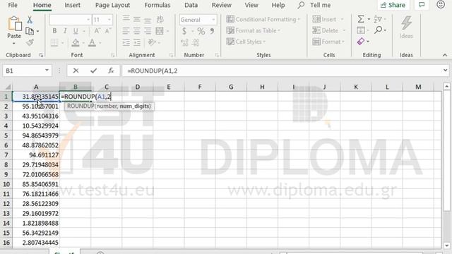 Display the values of the cell range A1:A20 in the cell range B1:B20 using a rounded up with 2... смотреть онлайн