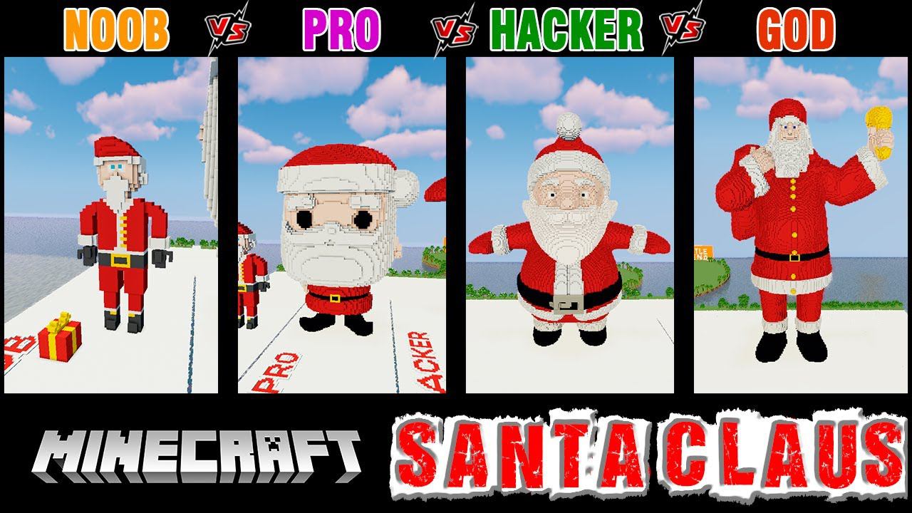 Minecraft Battle: NOOB Vs PRO Vs HACKER Vs GOD: BUILD SANTA CLAUS CHALLENGE In Minecraft.