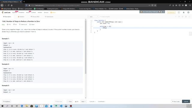 1342 Number of Steps to Reduce a Number to Zero Java смотреть онлайн