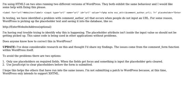 Wordpress: Comment form problem with comment_author_url and HTML5 input placeholders смотреть онлайн