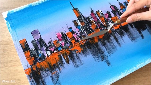 Daily Challenge #19 / Acrylic/ City Skyline with reflection Painting смотреть онлайн