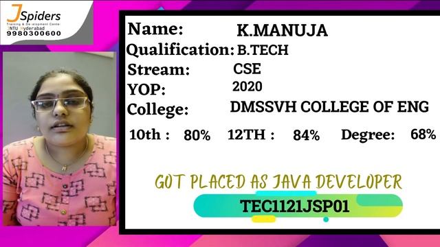 JSpiders JNTU! Congratulates K.Manuja for getting placed as Java developer смотреть онлайн