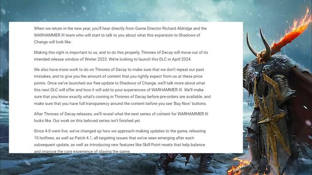 CA PIDE PERDÓN, AÑADIRÁ CONTENIDO A SoC, SE RETRASA THRONES OF DECAY Y MÁS TOTAL WAR WARHAMMER 3
