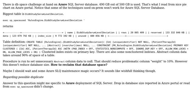 Databases: How to reclaim database space on Azure SQL Server after setting nvarchar values to null? смотреть онлайн