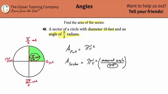 Find the area of the sector: A sector of a circle with diameter 10 feet and an angle of pi/2 radian смотреть онлайн