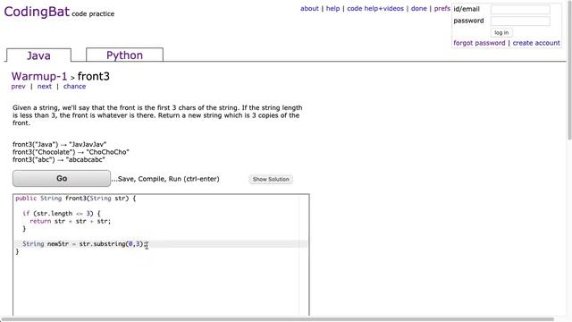 Codingbat - front3 (Java) смотреть онлайн