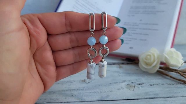 Серьги длинные из кахолонга, аквамарина с фурнитурой смотреть онлайн