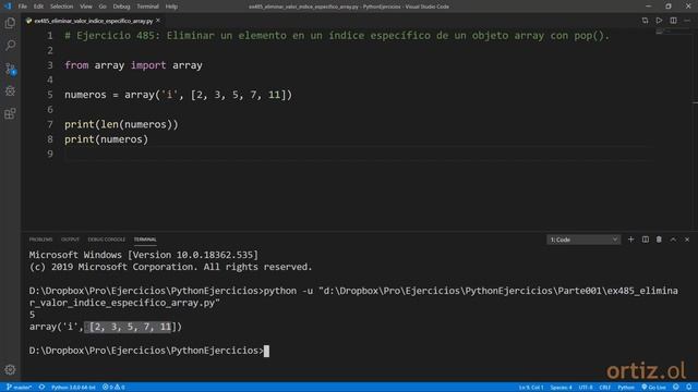 Python - Ejercicio 485: Eliminar un Elemento de un Índice Específico de un Objeto array con pop() смотреть онлайн
