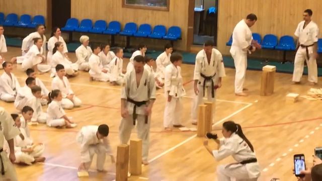 ?Тамэсивари.Роберта посвящают в каратисты.Разбивает доску рукой. смотреть онлайн