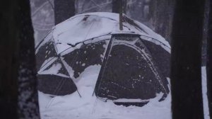 Кемпинг в лесу, в палатке покрытая снегом