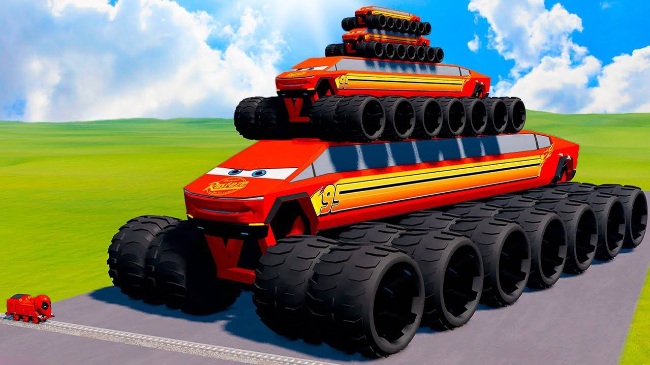 Большая и маленькая Молния Маккуин Tesla Cybertruck ПРОТИВ паровозика-танка