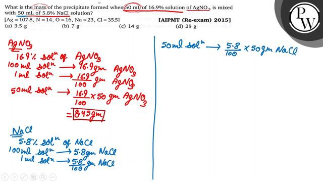 What is the mass of the precipitate formed when 50  mL of 16.9 % solution of AgNO_3 is mixed with.. смотреть онлайн