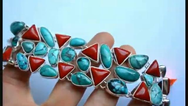 Серебряный браслет с натуральной бирюзой и кораллом. смотреть онлайн