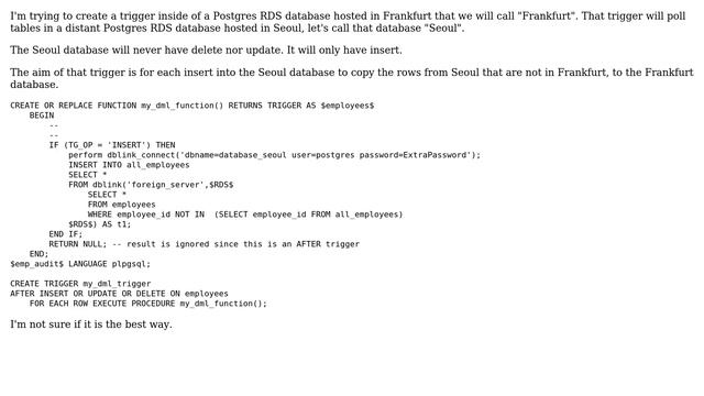 Databases: triggers or else between 2 postgres databases hosted on a different datacenter смотреть онлайн