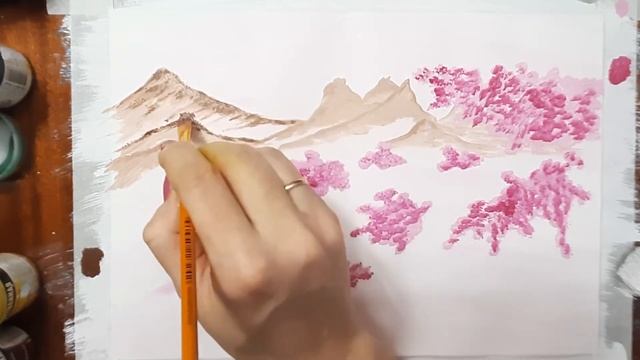 Как нарисовать ветку сакуры и горы, поэтапно, красками гуашь. Рисуем сакуру легко. Япония гуашью. смотреть онлайн