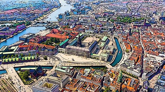 Color sketch in cartoon style. Copenhagen, Denmark. Royal Palace Christiansborg, Christiansborg Slo смотреть онлайн