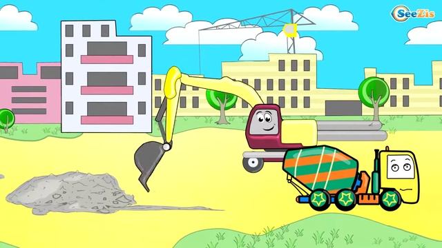 Cement Mixer & Truck on the Construction Site - Car Cartoons, Heavy Vehicles. Bulldozer. Excavator смотреть онлайн