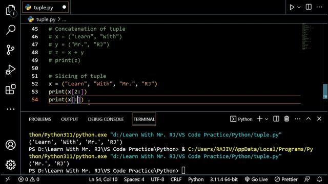 Data Types in Python Tuple Practice Part 2 (Concatenation, Slicing & Deleting Tuple) @LearnWithMrRJ смотреть онлайн
